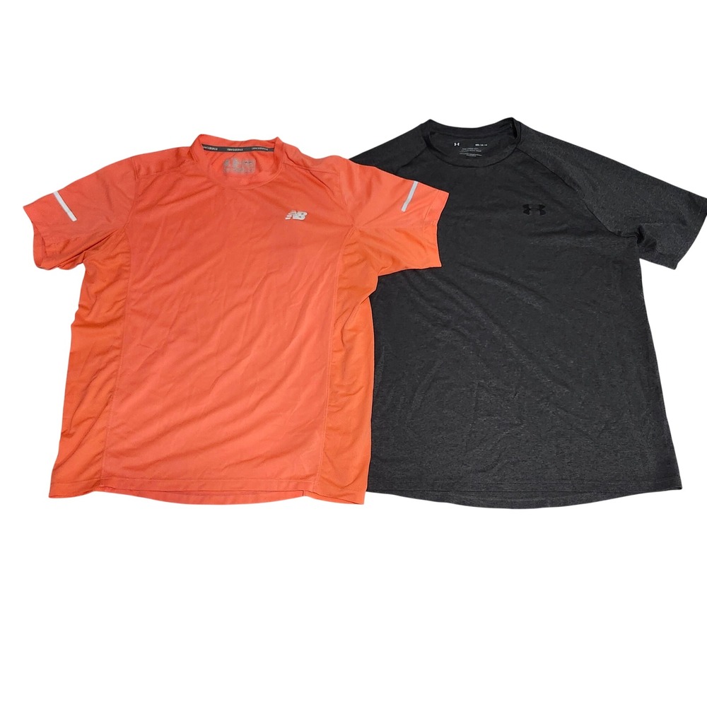 Lot of 2 Men Under Armour Performance New Balance T-Shirt Medium Gray Orange